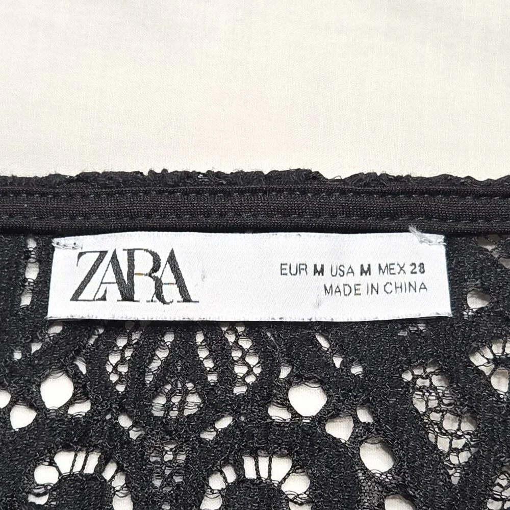 Zara‎ Crop Top Women Medium Black Sheer Open Knit Bell Sleeve Whimsigoth Ruffle